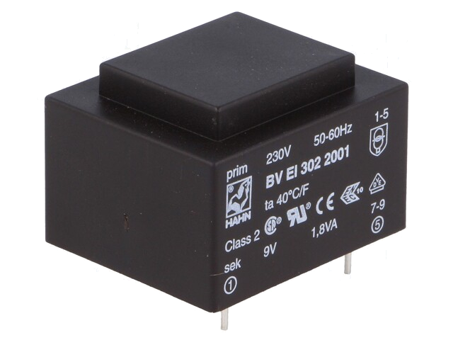 Transformator: ingegoten; 1,8VA; 230VAC; 9V; 200mA; PCB; BVEI Transformator: ingegoten; 1,8VA; 230VAC; 9V; 200mA; PCB; BVEI